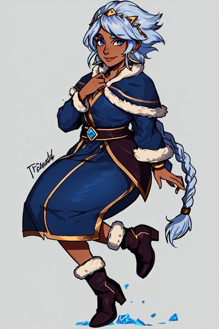taliyah, freljord taliyah, taliyah freljord, 1girl, solo, looking at viewer, smile, simple background, jewelry, blue eyes, full body, braid, white hair, earrings, boots, artist name, dark skin, dark-skinned female, fur trim, gem,
thick eyebrows, freckles, <lora:taliyah-21:0.5>