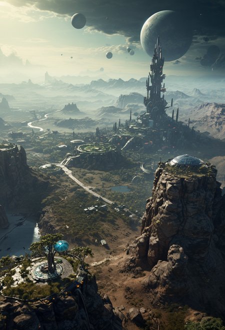 scenic view (from up high a tower:1.08) over a futuristic otherworldly outpost, giant peaceful creatures in background,  artificial plantations settlement on a high rock plateau, otherworldly planet,  planets visible, city on distant planet, lighted places , (high image quality:1.08), (RAW:1.08),subsurface tering (high resolution photograph:1.28),high definition,   <lora:sdxl\add-detail-xl.safetensors:0.87:0.10  p13,s9