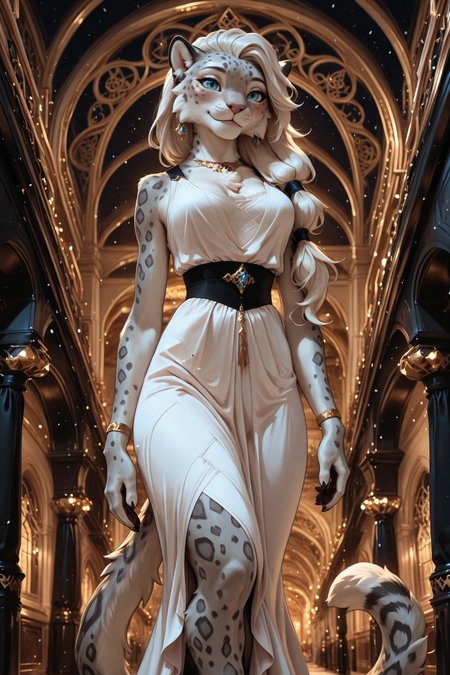 masterpiece, best quality, good quality, very ava, amazing quality, very aesthetic, high resolution, ultra-detailed, 4k, absurd res, volumetric lighting, 5n0w5k4u, photorealistic details, mature,

1girl, anthro, snow leopard, furry, fluffy, fur tuft, elegant, low-tied long hair, round ears, head tilt, blue eyes, slight smile, bedroom eyes, blush, slim waist, tail, white dress, jewelry, bracelets, elegant, walking, low-angle view, ballroom, gala, evening,
