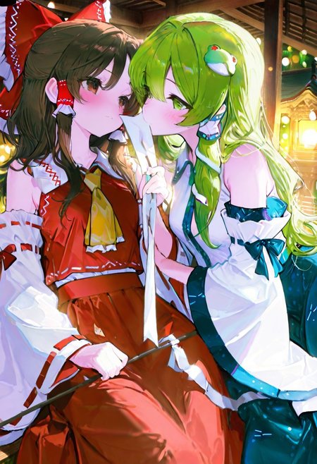 masterpiece, best quality, amazing quality, very aesthetic, absurdres, newest, volumetric lighting, female, female focus, soft light bloom, colors, dreamy environment, (bokeh effect:1.2), ,masterpiece, best quality, very awa, absurdres,usnr, yuri,couple,two girls, two shrine maidens,shrine maiden,interacting
BREAK 
kochiya sanae, 1girl, green eyes, green hair, long hair,frog hair ornament, hair tubes, snake hair ornament, collared shirt, white shirt, detached sleeves, wide sleeves, blue skirt, frilled skirt,holding gohei
BREAK
hakurei reimu, 1girl, solo, brown eyes, brown hair, long hair, sidelocks, small breasts,hair bow, hair tubes, frilled bow, yellow ascot, red shirt, ribbon-trimmed detached wide sleeves, red skirt,