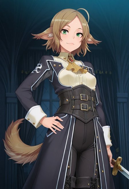 (1girl, solo) noa riads, animal ears, Green Eyes, tail, brown hair, short hair, Pretty eyes, , 1girl, solo,, brown hair,, fluffy tail, ahoge, animal ears, dog ears, small breasts, swept bangs , green eyes, animal ears, tail, , ,
Eye focus , shiny skin, shiny body, shiny hair, (best quality) , (highly detailed) ,((masterpiece)), ((best quality)), (ultra-detailed), ((extremely detailed)), (high resolution), 4K, (8K), best quality, (beautiful), (dynamic lighting), (super detailed skin), sharp focus,detailed eyes、detailed face and detailed skin detailed eyes、detailed face and detailed skin,  , clear skin, shiny hair, ultra detailed eyes, depth of field, sharp, intricate details, hyperdetailed, , 
, best quality, (beautiful), (dynamic lighting)  (standing, 3/4 view), perfect face, beautiful face, defined cheekbones, defined jawline, confident expression, narrow eyes, one hand on hip, perfect hands, black coat with decorative golden symbols, black leather underbust corset, black trousers, black boots, sword, sword on hip,(Pirate King), black coat with decorative golden symbols, black leather underbust corset, black trousers, black boots,
  ,, shindol style