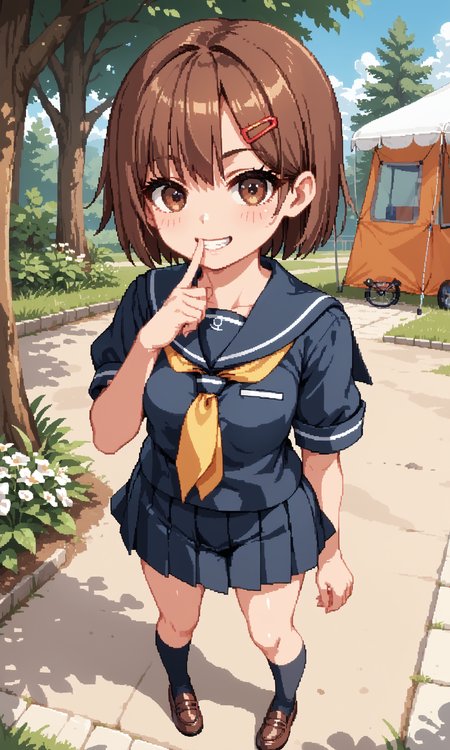 score_9, score_8_up, score_7_up, BREAK source_anime, masterpiece, anime screencap, shiny skin, official style, illustration,
8k, highres, incredibly_absurdres,
insanely detailed, anatomically correct, best perspective,
<lora:Aduare Style Pony:0.35>,
pixel art,
1girl, (Beautiful Breasts, natural breasts:1.2),
grin,
full body ,
from above ,
sharp focus, colorful,
sexy, erotic,
looking at viewer ,
shushing, finger to mouth,
standing ,
short hair, flat chest, brown eyes, hair ornament, brown hair, hairclip, bangs, 
school uniform, skirt, serafuku,short sleeves,yellow neckerchief, pleated skirt, black skirt, shirt, sailor collar,
In the park, in the woods, in a tent,
<lora:Summer_Memoriesãã¾ããã¼_Doujin_OtomeHentai_Game_Art_Style:0.85>