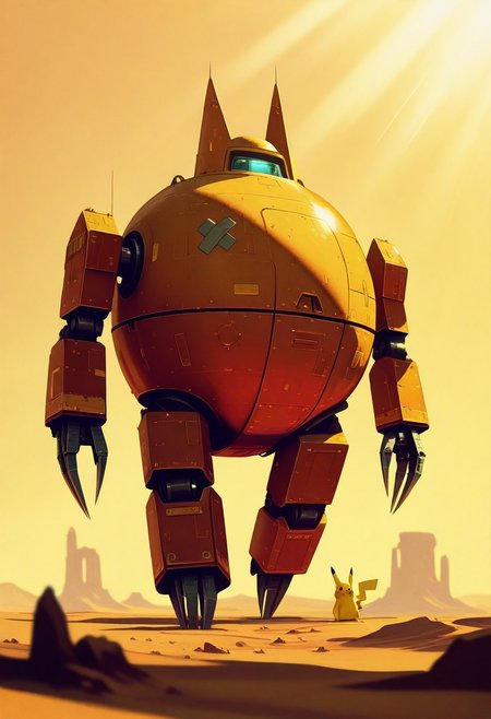 masterpiece, best quality, good quality, very aesthetic, absurdres, newest, 8K, depth of field, focused subject, no humans, a giant Pikachu in the form of a robot, walking through the desert, loaded on top of the body with all sorts of huge nomad belongings, many claws and fat legs, various shields and patches on the armored body of the robot, a very ornate and unusual design, amazing shapes, interesting art, incredible setting and technology, fantasy, Ankama_Animation, sunlight, bright, sci-fi, illustration, retro,
<lora:ck-70s-scifi-IL:1>
