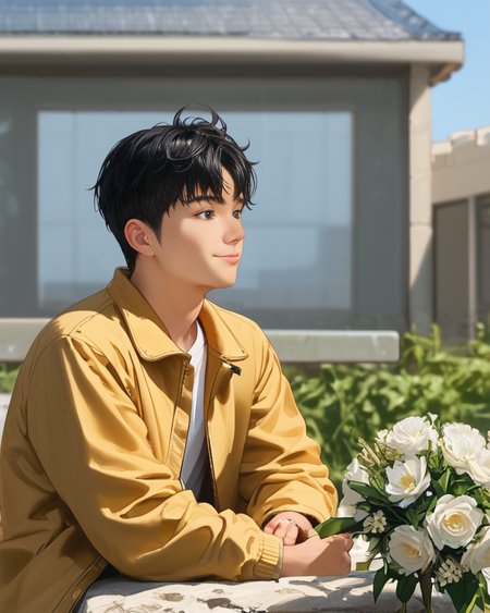 score_9, score_8_up, score_7_up, Korean, <lora:Expressive_H:1>, ((handsome young cute man:1.2, light skin)), ((21yo)),(focus male, solo:1.1), masterpiece, best quality,
The image features a young man sitting on the edge of a rock with a relaxed posture. He is dressed in a casual outfit that consists of beige trousers and a matching beige jacket. Underneath the jacket, a white t-shirt is visible. The man is holding a small bouquet of flowers, which he seems to be presenting or offering.
BREAK, He is smiling and looking directly towards the camera, conveying a sense of joy or anticipation. The man has short, dark hair and appears to be in his late teens or early twenties. The background of the image is out of focus but suggests an outdoor setting with architectural features like a building and a structure with a corrugated metal roof.
BREAK, The style of the image is candid and appears to be a lifestyle or fashion photograph, with shallow depth of field that keeps the person in sharp focus while the background fades into soft colors. The lighting is bright and even, suggesting a sunny day. There are no texts visible in the image.
 <lora:tae_dong-000017:1>, tae_dong
