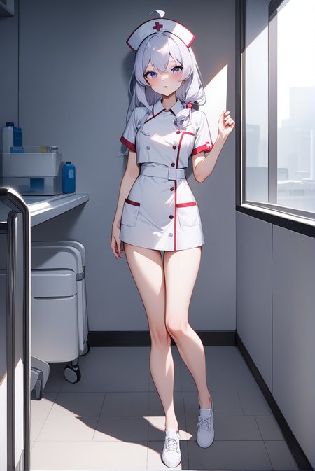 nurse, mm-elaina, ahoge, 1girl, solo, skinny, masterpiece, absurdres, high quality, highres, best quality, (full body:1.20), recent <lora:mm-elaina-V02-000003:0.9>