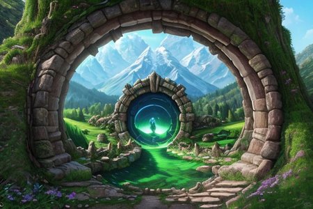 Hyperrealistic art, fanmou, lush green wooded mountain pass landscape, a fantasy Circular portal made of crystalz, Circular gate (Circular portal:1.3), fantasy, Nether Portal, portal, stargate, gateway, blue sky, Extremely high-resolution details, photographic, realism pushed to extreme, fine texture, incredibly lifelike,