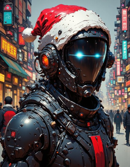 nistyle,  concept art Girl in black oily latex, black helmet, covered face, pixel eye, dynamics, digital artwork, illustrative, painterly, matte painting, highly detailed,  mechanical , Christmas Theme , christmas mood,magical christmas, a highly detailed, digital illustration in a whimsical, festive style, max details, in a Christmas street, Christmas tree, santa_hat ,
<lora:flux.1_lora_flyway_Epic-detail_v2:0.5>
<lora:CPA:0.7>
<lora:test2:0.7> ,  <lora:Christmas_Dreams:0.9>, <lora:flux.1_lora_ink-dynamic:0.5> , <lora:aidmaImageUpraderv0.3:0.5>