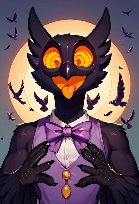 Barnaby, 1boy, yellow eyes, orange sclera, black body, long neck, feathers, bird feet, winged arms, bird tail, black beak, purple vest, sleeveless, purple bowtie, orange tongue, avian, furry, anthro, ghost, owl, spirit, digitigrade, no humans,  perfect anatomy, solo, (insanely detailed, beautiful detailed face, masterpiece, cinematic lighting, detailed hands, detailed face, best quality), (sharp), score_9_up, score_8_up, score_7_up, score_6_up, highest quality, 8K, RAW photo, source_anime, perfect face, perfect hands, upper body