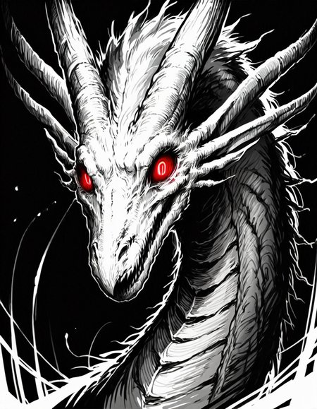 score_9, score_8_up, score_7_up,  <lora:Messy Sketch Style:1>, monochrome, dragon, black background, portrait, horns, long neck, red eyes, glowing eyes, horror, creepy,