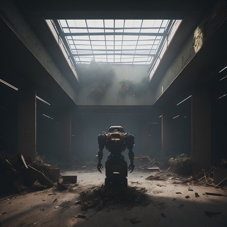 (UrbanJungle:1.2), abandoned robot in old mall, photorealistic, debris, volumetric lighting, god rays, haze, PhotoHelper