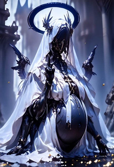 ((Realistic)), (score_9, score_8_up),((Pregnant)), score_7_up, ((wing)), 1girl, jewelry, hood, necklace, armor, mask, halo, helmet, cross, (crown), veil, cloak, spikes, robe, covered face, al13ng0d, solo, veil, black skin, hood up, (((huge breast, saggy breast))), ((mcnm)), (blurry background), dark, CINE, (embers:1.4),
,
Break
((4arms, 4arm, navel)), hand gesture, depth of field, hand gesture, dark and moody lighting, ruins, cathedral, feathered wings, wading, floating, angel wings, white wings, 
 <lora:unholy-000009:0.75>   <lora:CINE-000008:0.5>  <lora:add-detail-xl:-1> <lora:EnvyBetterHiresFixXL01:0:hr=1>