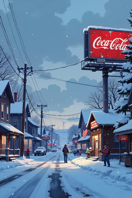 a snowy, small-town street scene at dusk. The sky is overcast with a bluish tint, suggesting a cold, winter evening. Snow covers the ground, rooftops, and trees, creating a serene, almost monochromatic winter landscape. On the right side of the image, a Coca-Cola billboard prominently displays an advertisement, partially obscured by snow. Below it, a small, snow-dusted building with a sign reading "RP's" appears to be a convenience store or gas station. A car is parked in front of it, with snow accumulating on its roof and hood.To the left, there are two-story houses with snow-covered roofs and driveways. One house has an American flag hanging on its porch. A few people, bundled up in winter clothing such as jackets and hats, are walking down the street, their breath visible in the cold air. The street is lined with parked cars, also covered in snow, and a few utility poles and wires stretch across the scene. In the background, wind turbines dot the horizon, indicating a rural area with renewable energy sources. The overall atmosphere is tranquil yet slightly desolate, capturing the quiet beauty of a snow-covered town. , detailed background  Fantastic lighting. Detailed shadows.intricate details, vivid colors, hyper-detailed, ultra-sharp, , <lora:XRSTYLE_FLUX:0.5><lora:RetroAnimeFluxV1:0.4><lora:MoriiMee_Gothic_Niji_Style_FLUX:0.3>