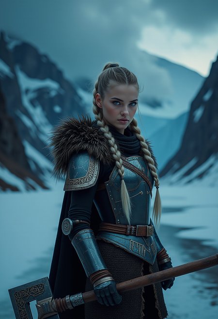 A captivating image emerges, focusing on a vikingpunk warrior-princess with her presence commanding attention in the icy wasteland. Her futuristic viking armor based on traditional viking armor, a seamless fusion of technology and her athletic form, slim-athletic form highlights her strength and agility. The warrior's twin braids with shaved sides, frames her determined expression, while her piercing eyes bore into the viewer. Ancient runes are etched into her battleaxe and armor, crackling with mystical glowing energy. The frozen landscape, a testament to her people's resilience, stretches into the distance, where dark, ominous clouds partially veil the rugged mountainous pass, filling the air with crispness and the promise of lightning. This artwork, with its Nordic and Viking-inspired elements, captures the essence of a powerful futuristic figure, seamlessly blending ancient traditions with futuristic innovations. Beauty, chiaroscuro, play of shadow and light, realistic,   <lora:flux_trainer/fluxPunk_v1.safetensors:1.0>,