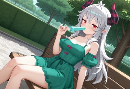 highres, best quality, masterpiece, outdoor, sitting, nech, park, ((bare neck)), 
1girl, KRGremory, horns, pointy ears, red eyes, grey hair, long hair, puffy short sleeves, green short dress, masterpiece, best quality, amazing quality, very aesthetic, absurdres, newest, dynamic angle, looking at viewer, blush, eating ice cream