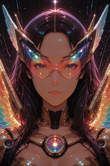 focused subject, close up, stylized, in gold and neon shades, wabi sabi, 1girl, rainbow angel wings, looking at viewer, dynamic angle, from below, from side, relaxing  <lora:TrendCraft_The_Peoples_Style_Detailer-v1.0A-3_13_2025-illustrious:1.2>