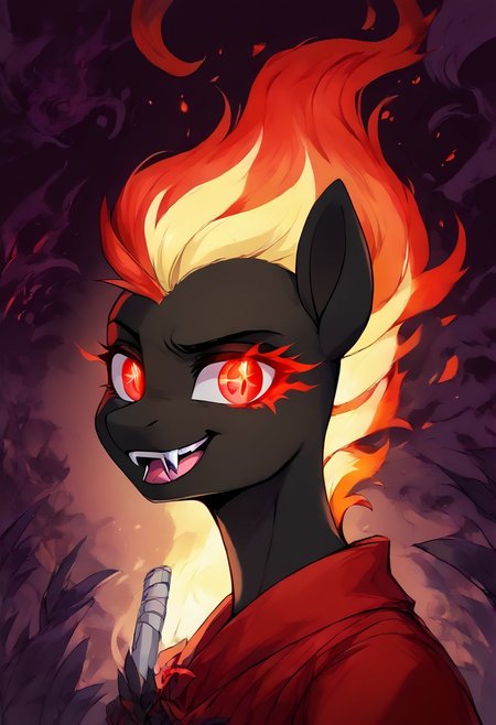 score_9, score_8_up, score_7_up, (4k quality, high resolution, additional details), <lora:Dark_Aura_for_Pony:1> dark aura, 1 girl, female dragon (hairless), anthropomorphic dragon, half-open black webbed wings on the back (golden inside), wizard, armor covering the entire body, pattern on the armor, red robe with a golden pattern, female, black scales, predatory fiery red eyes (detail), four black horns on the head, (medium breast, natural breast), (head tilt), head tilted back, <lora:shaft_head_tilt-PD-1.0:1>, shaft head tilt, open mouth, abstract background, glowing eyes, fangs, grin, tongue out, snake tongue, gloomy colors, dark aura, horror, <lora:_sdxl-burningeye-pony:0.9> burningeye, flaming eye,