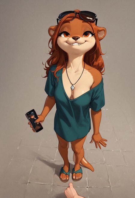 (score_9, score_8_up, score_7_up), anthro, 
 1girl, 20 years old, 1male out of frame, volumetric lighting, vivid colours, g0thicPXL, Expressiveh, from above, full body shot,
 <lora:princess_xl_v2:0.4>
<lora:gr33nXLP:0.45>
<lora:sn0w:0.45>
 <lora:Expressive_H:0.4>
BREAK
pretty face long hair, seductive, looking up, <lora:Furry_Anthro_Otter_Lora_for_Pony:0.2>,
BREAK
smile, sunglasses, sleepy eyes,
phone photo, smile, happy, humanoid feet, toes, sandal shoes,
 jewelry, necklace, shirt, cleavage,  seductive gaze, half closed eyes, pawg,smug, saggy breasts,
 downblouse,pov,