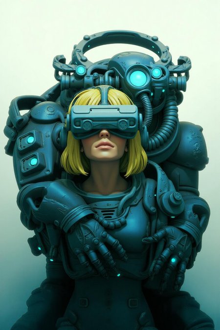 pascalblanche1 illustration. 
A humanoid robot with a metallic, armored appearance and glowing blue eyes embracing a woman from behind. The woman has short blonde hair and wears a VR headset.
 <lora:pascalblanche1_cap_d8a4:1.0><lora:860264105141878270:0>