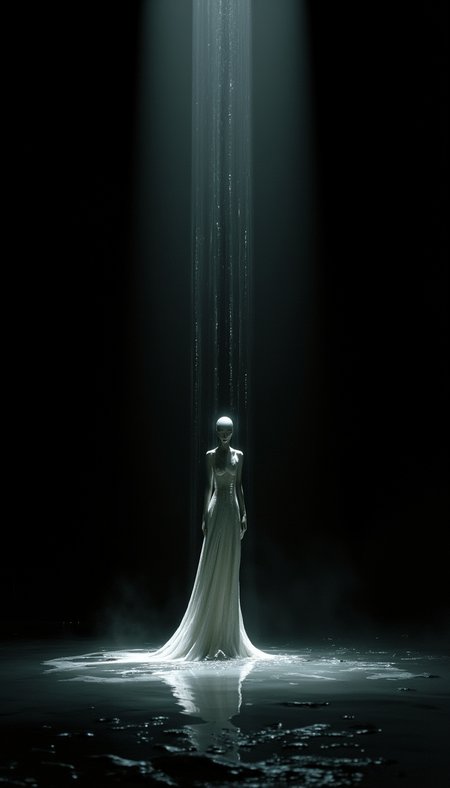 close-up, Endless black space, black mirrored floor. Princess Elsa is frozen in an icy river. A hauntingly beautiful vintage analog photograph, semi-realistic dark gothic fantasy anime style, soft diffused lighting with subtle light scattering and gentle highlight diffusion, muted reflections, solid black background, a towering, impossibly tall illithid mind flayer standing beneath a faint, flickering streetlight, its elongated shadow stretching unnaturally long, reaching toward something unseen and sinister, the mind flayer's slender, otherworldly form bathed in the eerie glow, its tentacles subtly swaying, exuding an aura of malevolent intelligence, the scene evokes a sense of foreboding and dread, with an unsettling atmosphere of lurking unseen horrors, the lighting creates soft refractions and subtle ambient effects, enhancing the mysterious and ominous mood., ne0nfant4sy, jitostyle, R3alisticF, akira_style,.,vintage analog photograph, semi-realistic, dark gothic fantasy, anime style, soft diffused lighting, subtle light scattering, gentle highlight diffusion, muted reflections, solid black background, towering impossibly tall illithid mind flayer, elongated shadow stretching toward unseen sinister presence, slender otherworldly form, faint flickering streetlight glow, tentacles subtly swaying, malevolent intelligence, foreboding dread, lurking unseen horrors, soft refractions, ambient effects, mysterious ominous mood,, ne0nfant4sy, jitostyle, R3alisticF, akira_style,. igiex. . Frank Frazetta fantasy oil painting, dynamic pose,  UNI_SCI_FI_CORE.
