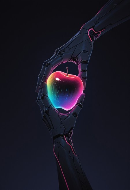 masterpiece, best quality, amazing quality, very aesthetic, absurdres, newest, cinematic_lighting, ultra_detailed, intricate_details, ajnblyst, Closeup of an intricate designed Robotic humanoid Hand Holding a neon colorful Apple in darkness, cyberpunk