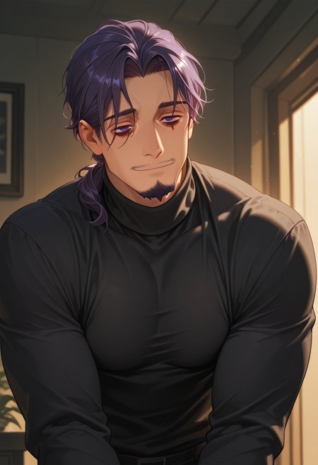 1boy, mbti_intp, mature man, purple eyes, droopy eyes, eye bags, tied hair, goatee, soft lighting, sensual gaze, leaning slightly, hint of a smile, elegant black turtleneck, subtle muscle definition, sophisticated urban background, nighttime