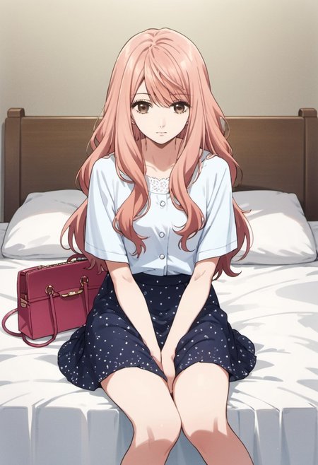 score_9, score_8_up, score_7_up, source_anime, igarashi iroha, light pink hair, long hair, brown eyes, 1girl, solo, skirt, sitting, bag, bed, handbag, seiza