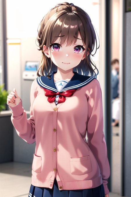 (masterpiece, best quality, beautiful detailed eyes, absurdres, closeup), 1girl, hayasaka mei, uniform, pink jacket, cardigan, pink cardigan, red ribbon, blue sailor collar, blue skirt, looking at viewer, crying, blush, <lora:hayasakaMeiIdoly_v10:0.7>