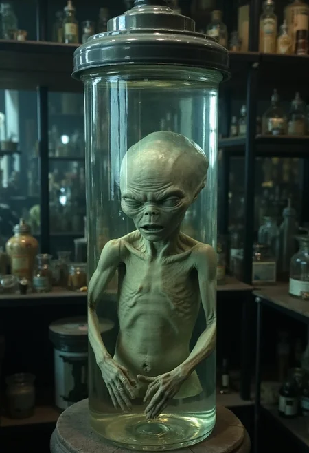 photograph of wet sample of a grey alienfloating in a large cylindrical glass tank. Blank expression with slack jaw, parted lips and milky eyes. Very decomposed, pale flaky shriveled skin, very detailed, creepy atmosphere, standing in a shelf in a creepy laboratory <lora:wet_sample-000129:1>