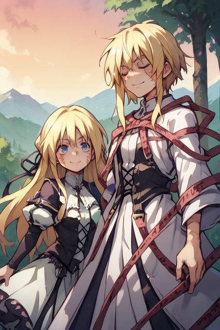 (score_9, score_8_up, score_7_up, score_6_up), source anime,  exterior, mountains, canyons, trees, scenery, sunset, 2girls, date, romantic, <lora:zy_Detailed_Backgrounds_v1:0.1> , detailed background, highly detailed,<lora:Manhwa-Artstyle__PonyXL__Shufflebox:0.4> , Manhwa-Artstyle, anime_source,BREAK<lora:Yggdra:0.9>, yggdef, 1girl, blonde hair, long hair, blue eyes,  hair ribbon, ascot, juliet sleeves, black sleeves, dress, white dress, cross-laced clothes, cross-laced dress, lace-trimmed dress, lace trim, corset, black pantyhose, cowboy shot, 2girls, smug grin,  standing,BREAK<lora:Nessiah-000013:0.65> , nesdef, 1boy, blonde hair, (closed eyes), white robe, (hood up), white skirt, caution tape, red caution tape, chains, dominant expression, cowboy shot, flat chest, standing,  <lora:Makis_Scars:0.7> , M4kisc4rs, scars, scar on face,