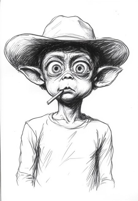 r0ughsketch, monochrome portrait drawing of Mac the alien wearing a cowboy hat and has a grass straw in his mouth.