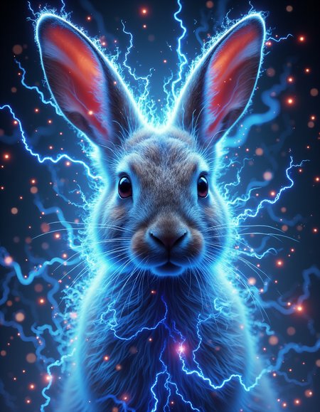 <lora:aura_v2_beta2:1>,auralora,the image features a rabbit. She has a determined expression on her face and is surrounded by a halo of electric sparks with intricate,cold glow.,