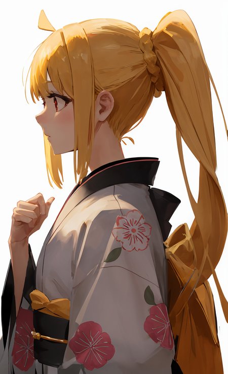 1girl, upper body, looking at viewer, red eyes, kimono, japanese clothes, floral print, hair ornament, white background, from side, profile, side ponytail,
<lora:ichijiNijikaBocchiThe_v10a:1>