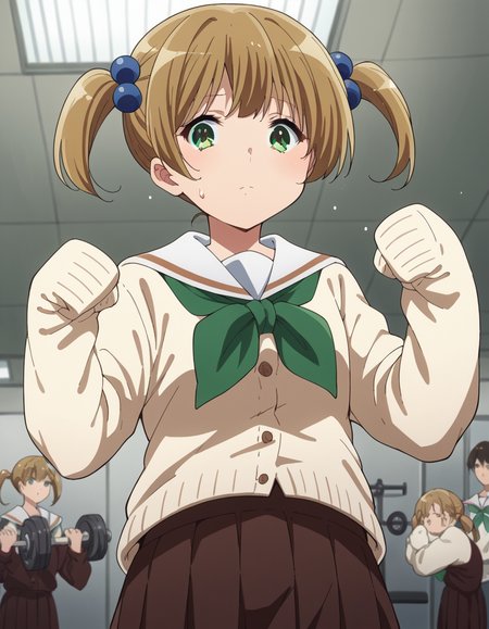 score_9, score_8_up, score_7_up, source_anime, <lora:satsuki-suzuki-s3-ponyxl-lora-nochekaiser:1>, satsuki suzuki, short hair, bangs, brown hair, hair ornament, twintails, green eyes, light brown hair, hair bobbles,, long sleeves, school uniform, serafuku, sailor collar, neckerchief, sleeves past wrists, cardigan, white sailor collar, kitauji high school uniform, green neckerchief, skirt, pleated skirt, brown skirt,, gym, weights, machines, people, sweat, , from below, looking at viewer, solo,, dutch angle, cowboy shot
