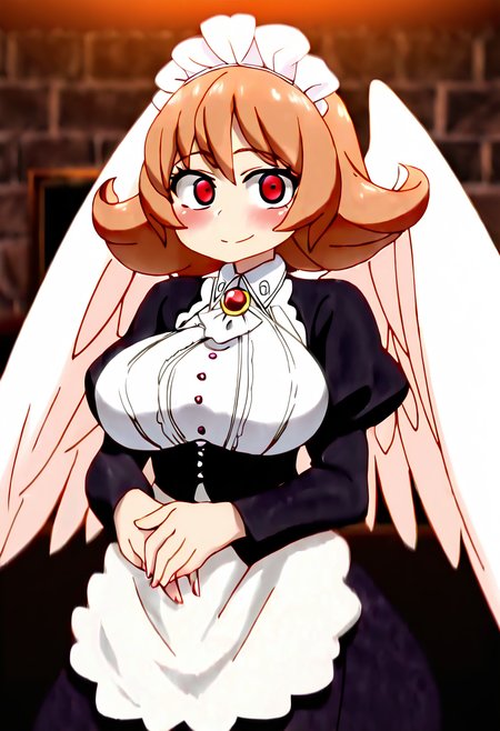 (masterpiece, best quality, good quality, very aesthetic, absurdres, newest:1.2),    1girl, solo, eyelashes, (beautiful eyes),   Meidri, 1girl, bangs, large breasts, brown hair, long sleeves, dress, frills, wings, puffy sleeves, orange hair, apron, maid, maid headdress, juliet sleeves, monster girl, feathered wings, puffy long sleeves, white wings, flipped hair, harpy,   blush, indoors, brick wall, blurry background,  ,cowboy shot, smile, looking at viewer,  <lora:IshuzokuReviewersNAI:1.0>,