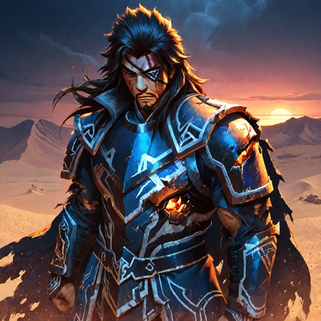 masterpiece, best quality, very awa, by rounin \(amuza\), <lora:xiahoudun-10:2>, 1boy, solo, cowboy shot, xiahoudun, black hair, long hair, brown eyes, eyepatch, facial hair. armor, cape, torn clothes, battle damaged, disheveled, exhausted, blood on face, bloody, bruised eye, desert, night, dynamic angle, <lora:cfg_scale_boost:0.7>, <lora:add-detail-xl:1.4>, <lora:xl_more_art-full_v1:1>