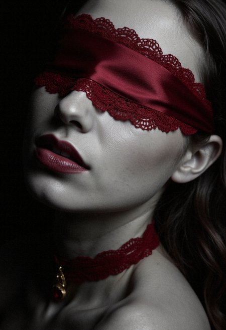 A close-up grayscale portrait of a young woman, her delicate features subtly enhanced by cinematic lighting. Her skin, soft and smooth, is a flawless ivory tone, contrasted by the glossy, rich maroon lipstick that defines her lips. A red silk blindfold, edged with delicate lace, drapes across her eyes, obscuring her gaze and adding a touch of mystery. A choker of crimson silk, accented with a golden ruby pendant, rests gracefully around her neck. Her head is turned three-quarters towards the camera, her expression subtly pensive. Deep, dramatic shadows accentuate the contours of her cheekbones and jawline, creating a captivatingly evocative mood. The overall effect is a high-contrast, sophisticated portrait, imbued with a sense of silent elegance and mystery. <lora:aidmaRealisticSkin-FLUX-v0.1:0.6> <lora:Synesthesia_(FLUX):0.4> <lora:Fluxartis_28.11A_(FLUX):0.6>