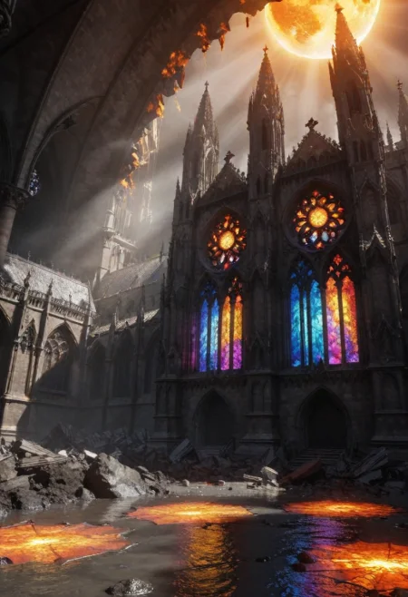 breathtaking photography of a gothic cathedral made of   melting   rock and lava with glowing stained glass windows standing on the surface of the sun  <lora:acc\dmd2_sdxl_4step_lora>