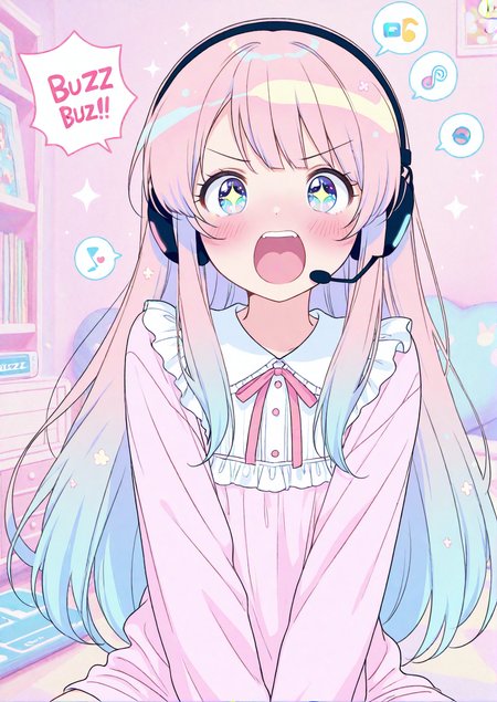 (masterpiece:1.1),(bestquality:1.1),(ultra-detailed:1.1),(kawaii:1.2),(yumekawaii:1.2),(pastel colors),(dreamy room:1.1),(cute clothes:1.2),(headset:1.2),(internet streamer:1.2),(1girl:1.4),(detailed eyes),sparkling eyes,(long hair),(blush),(speech bubble with "Buzz!!!":1.5),(no other speech bubbles:1.3),(shouting:1.3),<lora:add-detail-xl:1>,