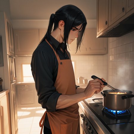 masterpiece, best quality, amazing quality, absurdres, newest, detailed background, definition so sharp, Ultra-HD, 8K cinematic, very awa, impressionate, amazing quality, highres, 
solo, male focus, manly, 
kurohyatogami, kuroh_black hair, kuroh_black eyes, 1boy, low tied hair, long hair, 
cooking, focused expression, apron, kitchen, steaming pot, warm lighting, cozy, caring, calm, cool, inviting, domestic