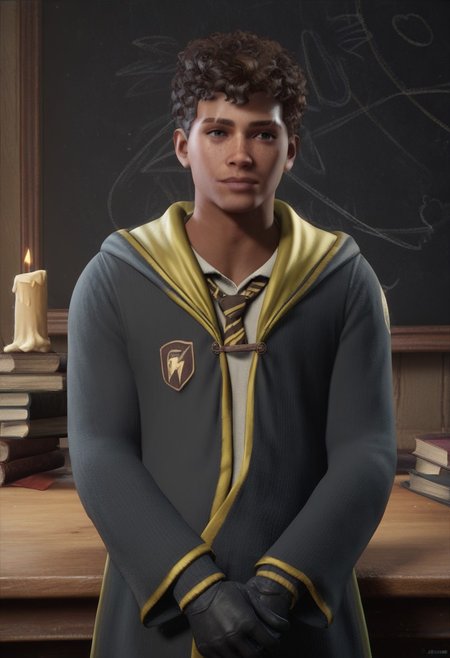 score_9, score_8_up, score_7_up, score_6_up, score_5_up, score_4_up, BREAK realistic, well built, skinny body type, twink, male focus, solo, face focus, good looking face, detailed face, detailed eyes, good looking eyes, perfect face, perfect eyes, 18 yr, soft face, blank expression, perfecteyes, rounder face, 4ng3l face,
light dark skin, a scar on his right eyebrow, two eyebrow, freckless, dark brown curly hair, gaps on left, soft purple colored eyes, good lightning, great lightning, 
hogwarts interior, hufflepuff robes, black gloves, looking at viewer, hufflepuff tie,
full body shot, hogwarts interior, classroom, chalkboard, candles on a table,