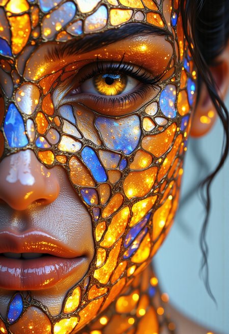 An ultra close-up portrait of a womanâs face, filling the entire frame, leaving no visible background. Her skin is not flesh but an intricate mosaic of delicate, small stained glass panels, each piece a shimmering array of sapphire blues, fiery oranges, and amethyst purples. The glass is smooth, flawless, and seamlessly fitted, reflecting soft, ambient light that dances across the curved contours of her cheeks, nose, and brow. Her eyes are pure liquid gold, shifting and flowing like sunlit honey, glowing faintly from within. The light inside her irises moves hypnotically, creating a mesmerizing sense of depth. Each blink is slow and deliberate, as if time itself lingers in her gaze. Her lips are translucent, infused with deep ruby and amber hues, their surface polished like molten glass. When she parts them slightly, the sound of wind chimes fills the air, delicate and melodic, as though her breath carries a faint celestial resonance. The stained glass panels shift in tone as light passes through, casting fleeting reflections of color onto her own features. Tiny, golden filaments run along the edges of each glass piece, forming an intricate network of organic, vein-like patterns that pulse faintly, as if carrying a hidden energy within. The soft glow from within her face creates a dreamlike, ethereal quality, giving the impression that she is not entirely of this worldâpart divine artifact, part living being. Images of distant lands are reflected in the molten glass. <lora:aidmamj61FLUXV04.y8J9:0.5000000000000001> <lora:SkoolDaze_Fantasy_Portrait-000001:0.7000000000000002> <lora:fantasyFluxNymicalV2.55Lx:0.4000000000000001> <lora:Elden_Ring_-_Yoshitaka_Amano:0.8000000000000002>