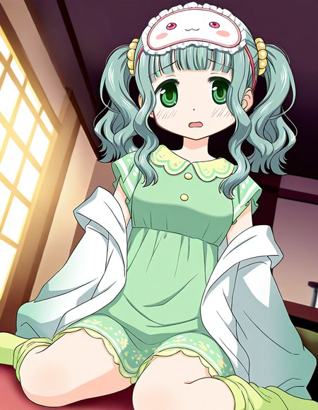masterpiece, best quality, newest, absurdres, highres, safe, 1girl, futaba sana \(roomwear costume\), magia record: mahou shoujo madoka magica gaiden, yellow green socks, solo, open mouth, wariza, indoors, dutch angle, <lora:futaba_sana_noobaiXLNAIXL_vPred10Version:0.7>