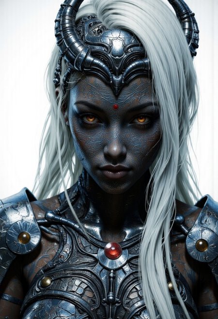 An extreme closeup portrait for an enigmatic and otherworldly woman with intricately textured metallic skin, their face and body adorned with elaborate biomechanical patterns that ripple like living armor. The figure's piercing crimson eyes glow with an intense, otherworldly energy, contrasting sharply with the cool, dark tones of their neck and face. Long, silver-white hair cascades down their back, enhancing their ethereal and alien appearance. The brightly illuminated background emphasizes their enigmatic presence, evoking a sense of mystery and power.