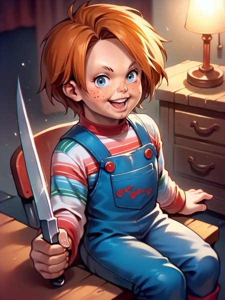 score_9, score_8_up, score_7_up, 1boy, sitting on a chair, looking at viewer, very happy, holding single knife, dynamic pose, dynamic angle, wide shot, cowboy shot, dark room, mystery vibe, wide shot, from side, 
 <lora:ChuckyXLP_character:1>, ChuckyXLP, short hair, blue eyes, freckles, brown hair,  striped, long sleeves, overalls,