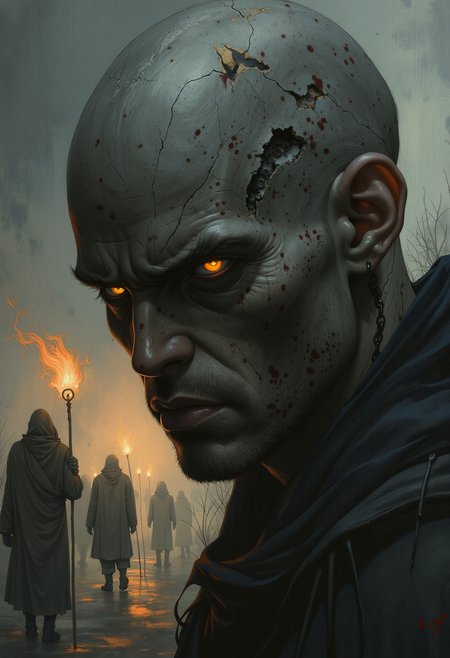 A realistic, extreme close-up of a mutant's face, hyperdetailed, with textured, weathered skin glistening under the faint light of flickering torches. The character's eyes glow faintly in the dark, reflecting the eerie ambiance of a storm of ash swirling around them. The scene is cinematic, with dramatic lighting casting deep shadows, and the background hints at a silent procession of robed figures carrying torches that struggle to illuminate the oppressive gloom. The atmosphere is dark and dystopian, with a sense of foreboding. The image is rendered in broad, heavy brushstrokes, adding a painterly, almost surreal quality to the hyperdetailed portrait. The mutant's expression is one of quiet defiance, their features stark and unyielding against the bleak, ashen world around them., GTHAN, Gothic, A digital anime artwork in the style of cklg, OBxiaoxiang, ArsMJStyle, dnddarkestfantasy,.,extreme close-up, cinematic lighting, heavy brushstrokes, realistic portrait, mutant character, weathered skin, glowing eyes, dark dystopian theme, ash storm, robed figures, flickering torches, hyperdetailed, textured, dramatic shadows, oppressive atmosphere, surreal, painterly, quiet defiance, bleak world, ashen environment, GTHAN, Gothic, A digital anime artwork in the style of cklg, OBxiaoxiang, ArsMJStyle, dnddarkestfantasy,.,<lora:GTHAN-F:0.74> GTHAN, Gothic,<lora:ck-nc-luminal-genesis-000016:0.351> A digital anime artwork in the style of cklg,<lora:OBååå®èåç»V2.0:0.649> OBxiaoxiang,<lora:DnDDarkestFantasy:0.343> ArsMJStyle, dnddarkestfantasy