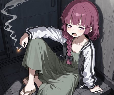 masterpiece, best quality, amazing quality,  1girl, solo,   smoking, , <lora:Uwata_h ILXL:1> Uwata_h,   <lora:kikuri-hiroi-s1-ponyxl-lora-nochekaiser:0.6> kikuri hiroi, black bow, blunt bangs, braid, closed eyes, purple eyes, fang, hair bow, hair over shoulder, long hair, purple hair, sidelocks, single braid, fangs, black jacket, brown footwear, collarbone, dress, green dress, jacket, long sleeves, open clothes, open jacket, raglan sleeves, sandals, white sleeves,