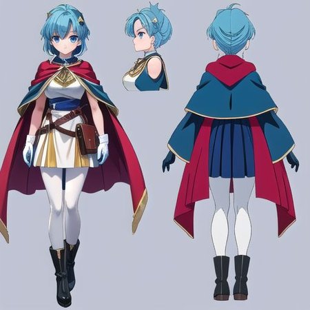 anime, 1990s (style), retro artstyle, princess, woman, blue hair, hair tied up, blue eyes, medieval fantasy, short red cape, light blue pantyhose, blue large boots with a yellow marks, large gloves, model sheet, simples background, chara-sheet