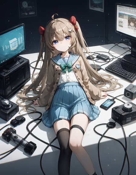 score_9,score_8_up,score_7_up,score_6_up,
<lora:pony_good_hands:1>,good_hands,<lora:PerfectEyesXL:1>,1girl,
<lora:konyakarasueXLlokr4f:0.7>,<lora:Neuro-Sama(vtb)-Pony:0.6>,Neuro-sama,ahoge,very long hair,long hair,brown hair,two side up,hair bow,red bow,hairclip,heart hair ornament,hair between eyes,bangs,blue eyes,school uniform,blue sailor collar,brown cardigan,open clothes,open cardigan,white shirt,green bow,puffy long sleeves,sleeves past wrists,button badge,small breasts,blue skirt,pleated skirt,bandaid on knee,single thighhigh,asymmetrical legwear,black thighhighs,single sock,loafers,brown footwear,
expressionless,lying,aiming_at_viewer,moody lighting,Tyndall effect,server room,table,air_conditioner,sash,computer,Smartphones,mouse,power_lines,cable,vespa,