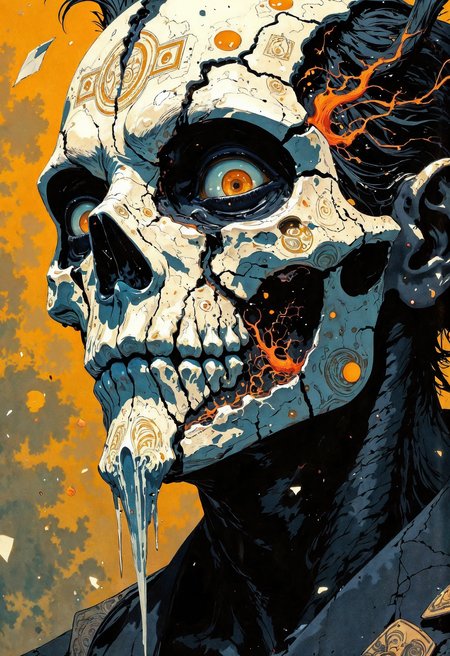 (in Otomo Katsuhiro style:1.2), masterpiece, high-quality, A close-up of a mysterious figure with a porcelain mask cracked down the center revealing glowing tendrils of energy underneath, The masks surface is adorned with intricate carvings of ancient symbols and faint embers drift from the cracks, The background is a hazy abstract swirl of warm and cool tones suggesting an otherworldly void, fractured mask, glowing tendrils, surreal close-up, (Stylized in a mix of dark surrealism and intricate line art:1.1), (elaborate fine details:1.1), (hyperdetailed:1.1), (intricate details:1.0), (Refined details:1.1), (best quality:1.1), (high resolution:1.2), <lora:FLUX\Anime v1.3:0.6> <lora:FLUX\VividlyReal:0.6> <lora:FLUX\FLUX-daubrez-DB4RZ:0.4>
