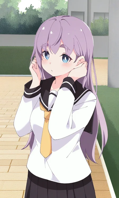 1girl, solo, rinlilustea, purple hair, hair down, straight hair, long hair, blue eyes, thick eyebrows, bright pupils, white shirt, long sleeves, black sailor collar, yellow necktie, black skirt, outdoors, campus, hand on hair, standing, cowboy shot